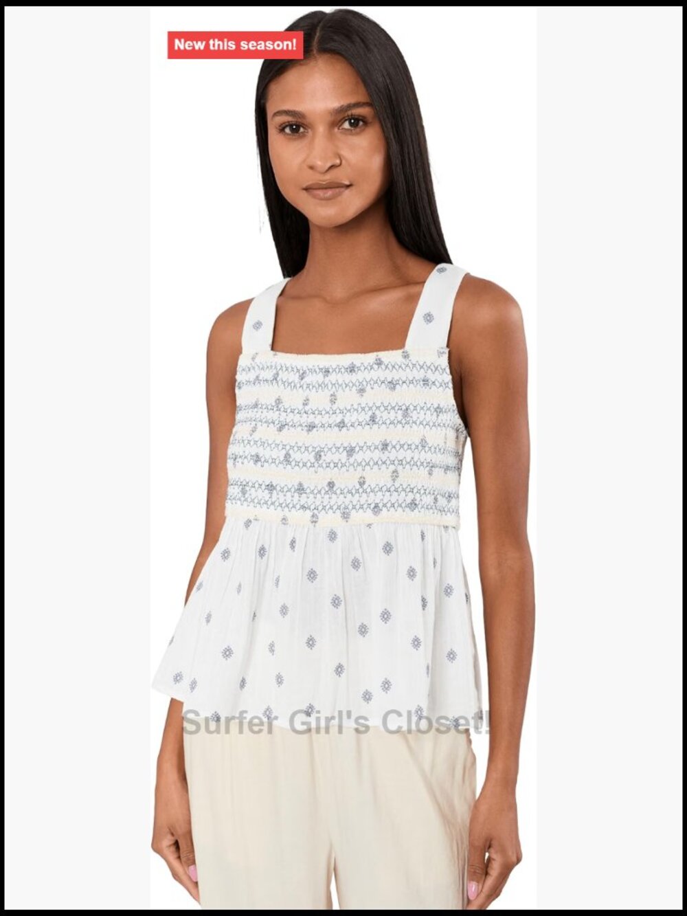 Sleeveless Smocked Woven Tank Top with Embroidery Square Neck